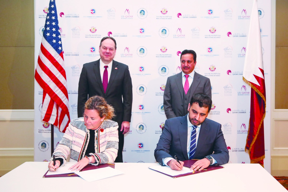 Sheikh Khalifa bin Jassim Al Thani (right), Chairman of Qatar Chamber; and Robert Cresanti (left), President and CEO of the International Franchise Association, look on as Abdulaziz bin Nasser Al Khalifa (right, sitting), QDB Chief Executive Officer;and L