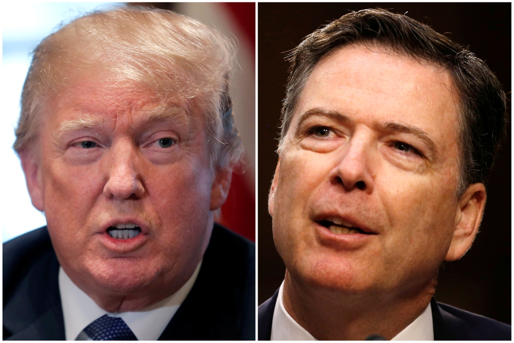 A combination of file photos show U.S. President Donald Trump in the White House in Washington, DC, U.S. April 9, 2018 and former FBI Director James Comey on Capitol Hill in Washington, U.S., June 8, 2017. (REUTERS/Carlos Barria, Jonathan Ernst/File Photo