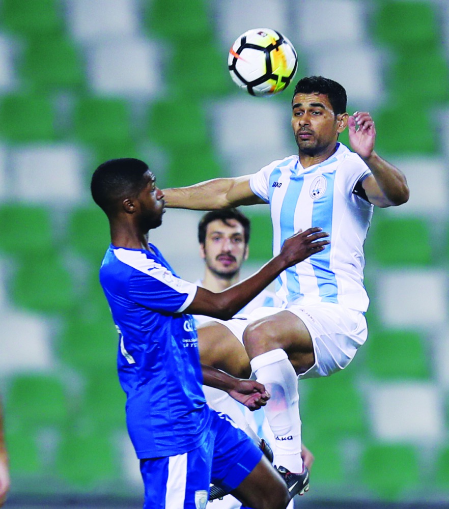 Action from from QNB Stars League (QSL) play-off match between Al Kharaitiyat and Al Wakrah at Al Ahli Stadium yesterday. 
