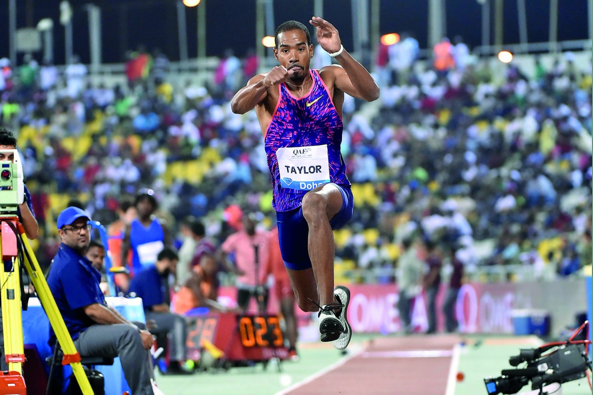 Christian Taylor leaps to victory in 2017 Doha Diamond League in this file photo. 