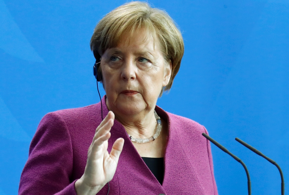 German Chancellor Angela Merkel gives statement to the media ahead of the talks with Albanian Prime Minister Edi Rama in Berlin, Germany, April 25, 2018. Reuters/Fabrizio Bensch