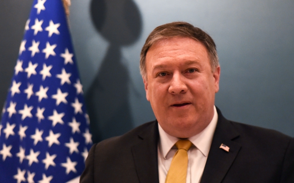 US Secretary of State Mike Pompeo speaks during joint press briefing with the Saudi foreign minister at the Royal airport in the capital Riyadh on April 29, 2018. / AFP / FAYEZ NURELDINE