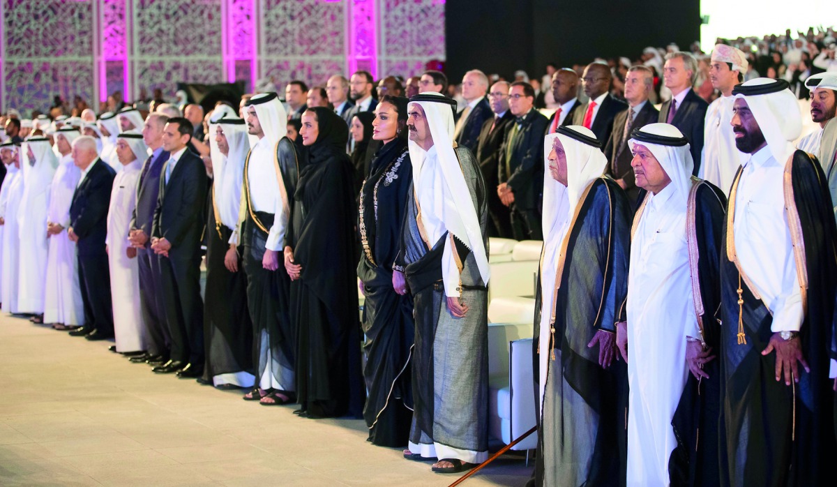 Father Amir H H Sheikh Hamad bin Khalifa Al Thani and H H Sheikha Moza bint Nasser, Chairperson of QF, with other dignitaries at the graduation ceremony.