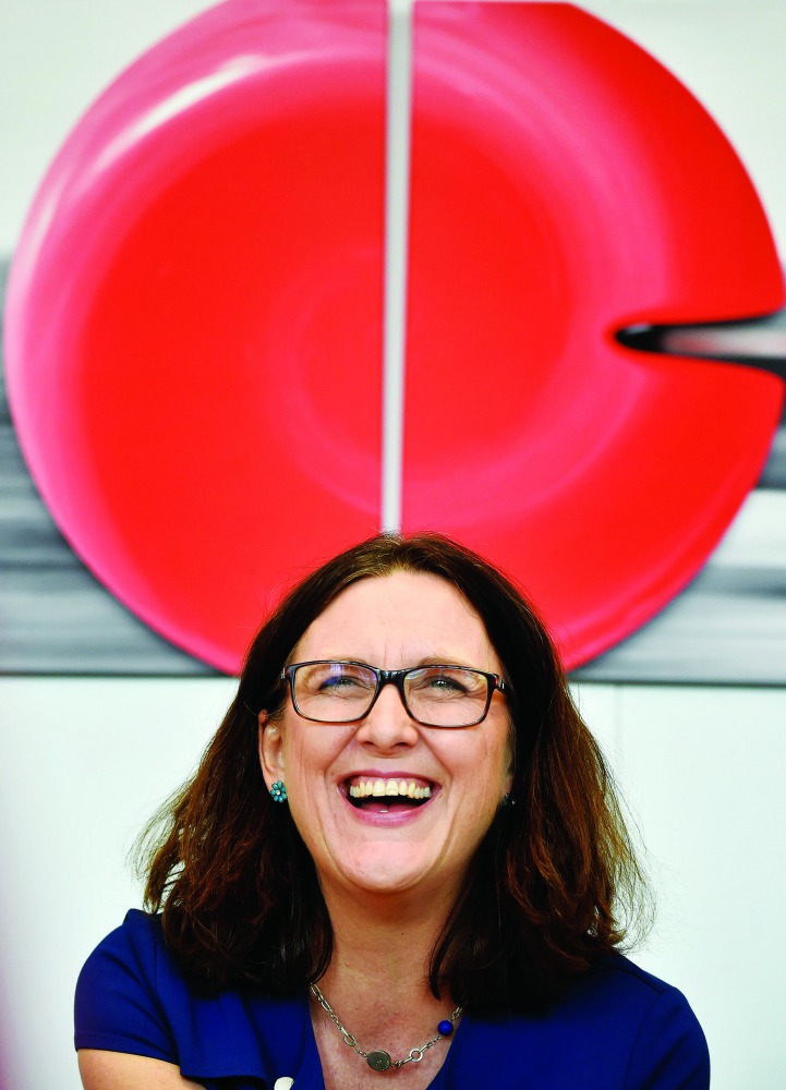 EU Commissioner of Trade Cecilia Malmstrom answers journalists' questions during an interview at the EU headquarters in Brussels on May 4, 2018. AFP / John Thys