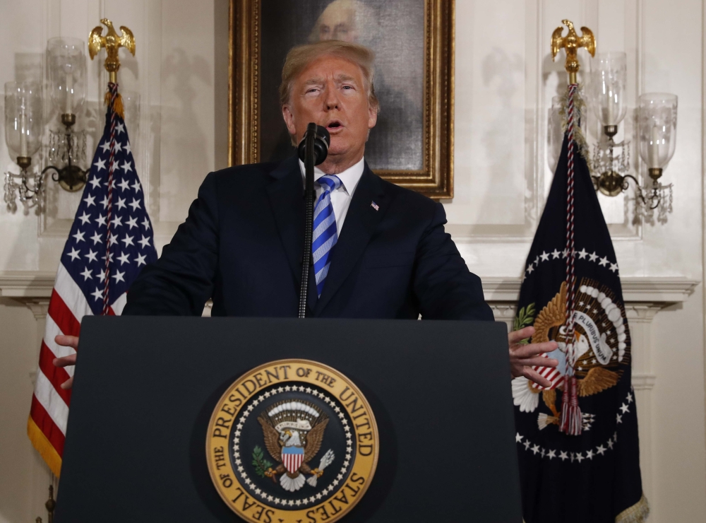 US President Donald Trump announces his decision on the JCPOA Iran nuclear agreement at the White House in Washington, May 8, 2018. Reuters/Jonathan Ernst