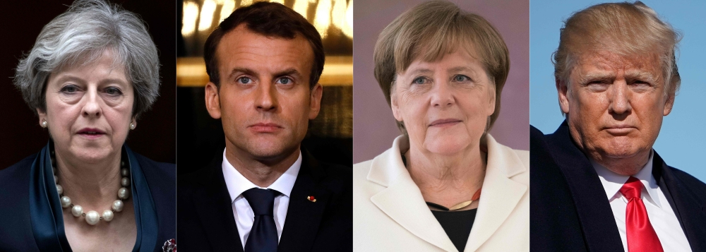 This combination shows Emmanuel Macron, Angela Merkel, Donald Trump & Theresa May (AFP) 