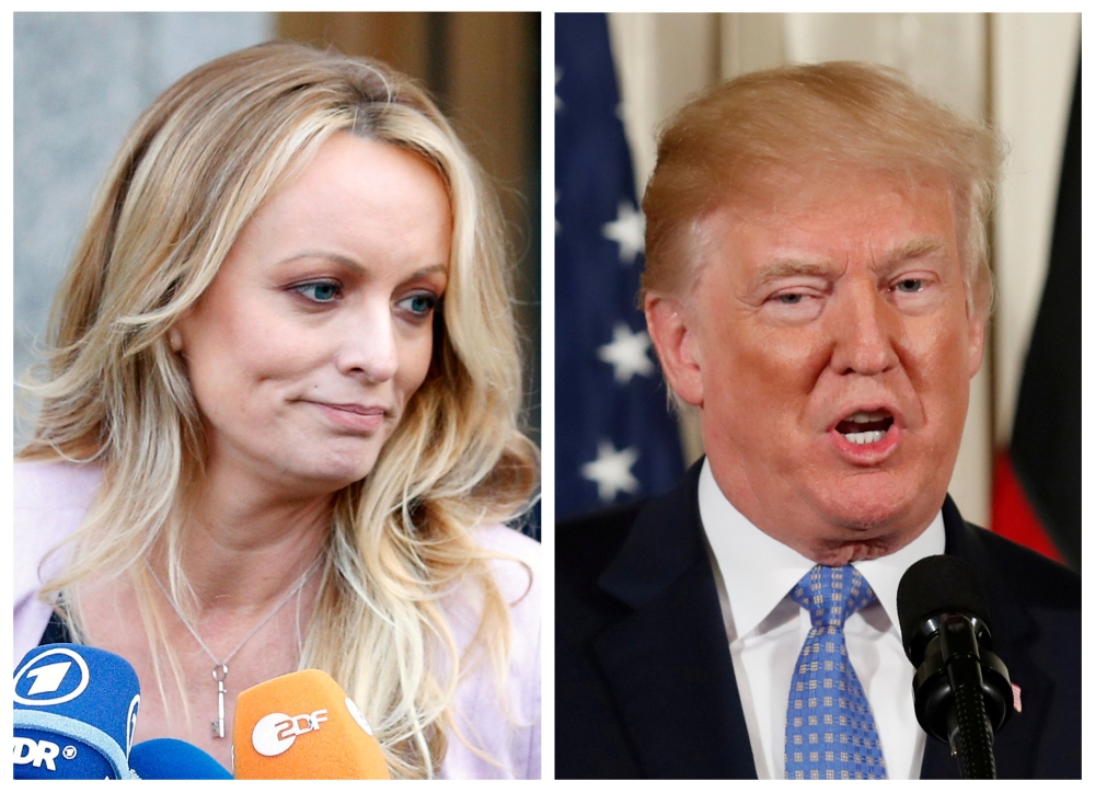A combination file photo shows Adult film actress Stephanie Clifford, also known as Stormy Daniels speaking in New York City, and US President Donald Trump speaking in Washington, Michigan, US on April 16, 2018 and April 28, 2018 respectively. REUTERS/Bre