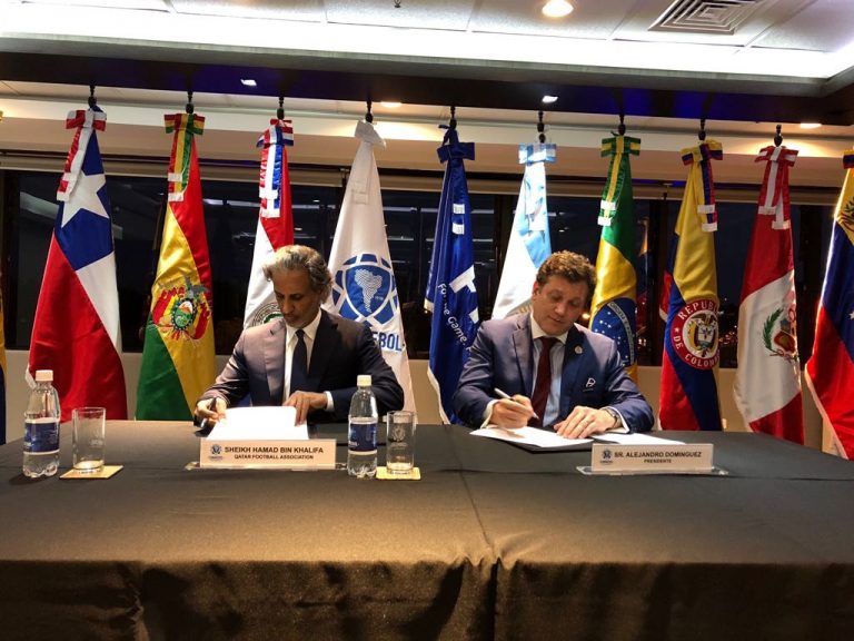 QFA President Sheikh Hamad bin Khalifa bin Ahmed Al Thani and Alejandro Domínguez, SAFC President Alejandro Domínguez during the signing ceremony on Saturday. 