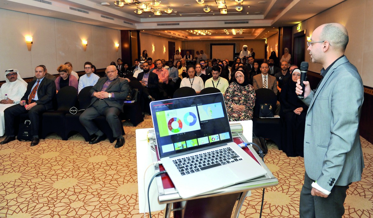 Hamoda Youssef, Head of Communications, Qatar Green Building Council (QGBC), addressing Qatar Sustainability Week 2018 Introduction Event, organised by QGBC at the Grand Hyatt Hotel in Doha, yesterday. Pic: Salim Matramkot/The Peninsula