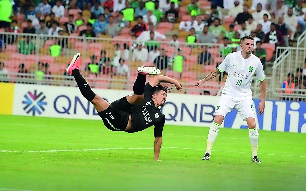 Al Sadd’s Bhagdad Bounedjah shoots at the goal during the AFC Champions League Round of 16 Second Leg match against Al Ahli on Monday.