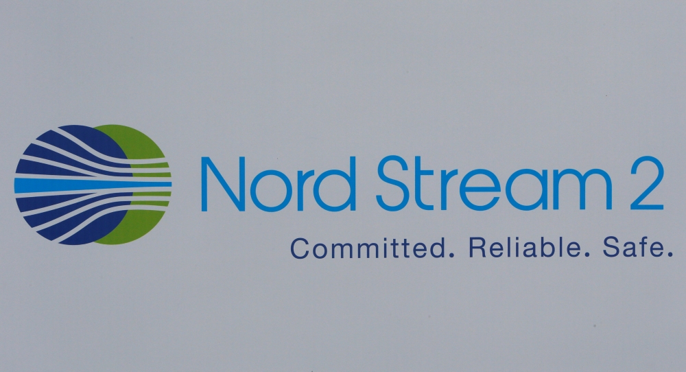 FILE PHOTO: The logo of the Nord Stream-2 gas pipeline project is seen on a board at the St. Petersburg International Economic Forum 2017 (SPIEF 2017) in St. Petersburg, Russia, June 1, 2017. REUTERS/Sergei Karpukhin/File Photo