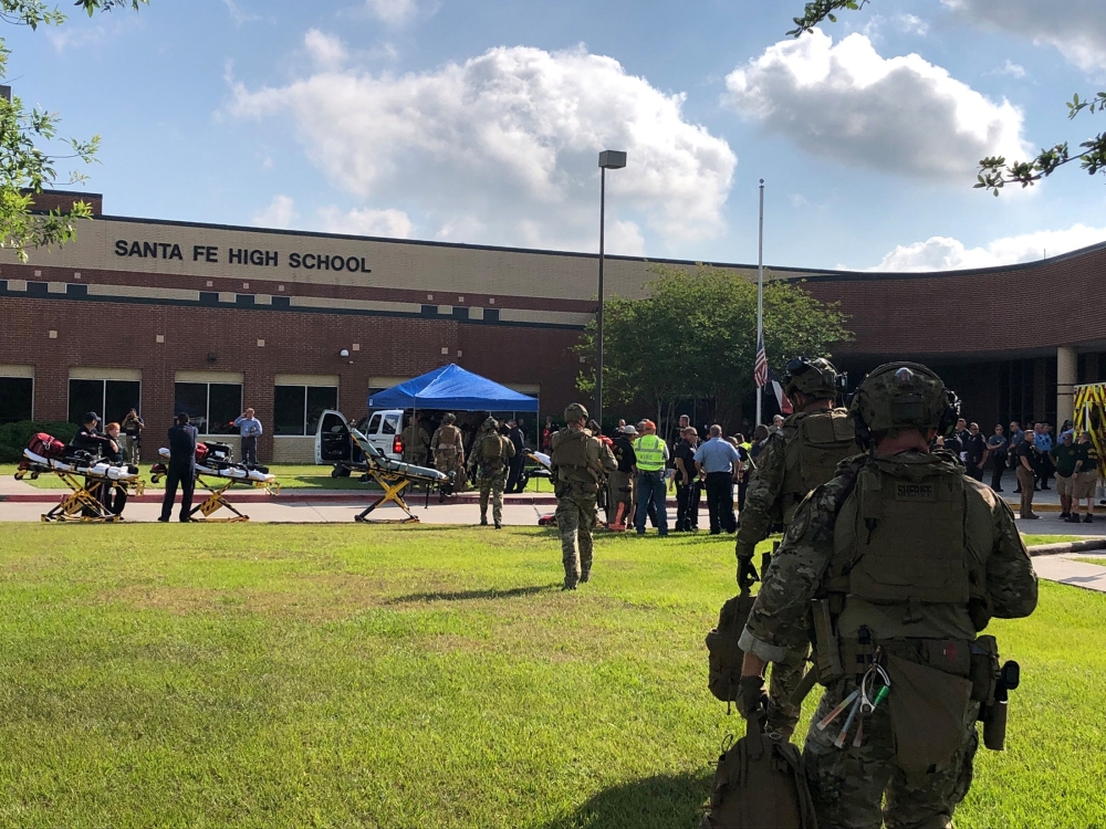 Law enforcement officers are responding to Santa Fe High School following a shooting incident in this Harris County Sheriff office, Santa Fe, Texas, U.S., photo released on May 18, 2018. HCSO/handout via Reuters