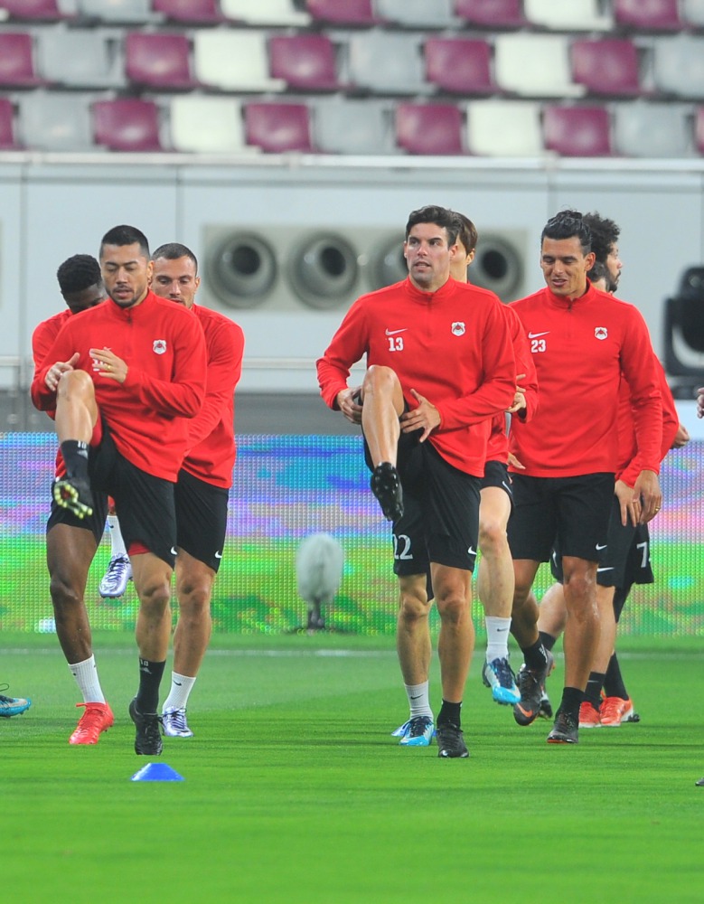 Al Rayyan players take part in a training session at the Khalifa International Stadium in Doha on the eve of their Amir Cup final against Al Duhail. Picture: Baher Amin / The Peninsula  