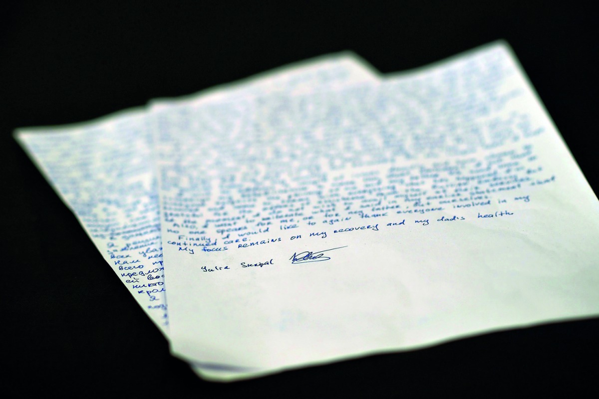 scan of a detail of a signed handwritten statement by Yulia Skripal, who was poisoned in Salisbury along with her father, Russian spy Sergei Skripal, is pictured in London, on May 23, 2018.  AFP /  Dylan Martinez 