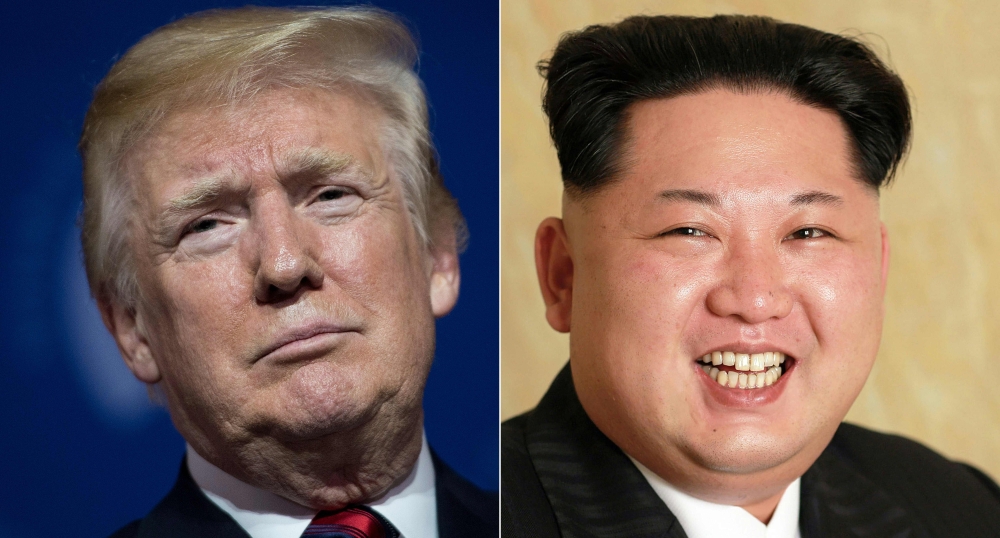 This combination of file pictures created on May 24, 2018 shows US President Donald Trump at the National Building Museum May 22, 2018 in Washington, DC, and an undated photo released by North Korea's official Korean Central News Agency (KCNA) on May 10, 