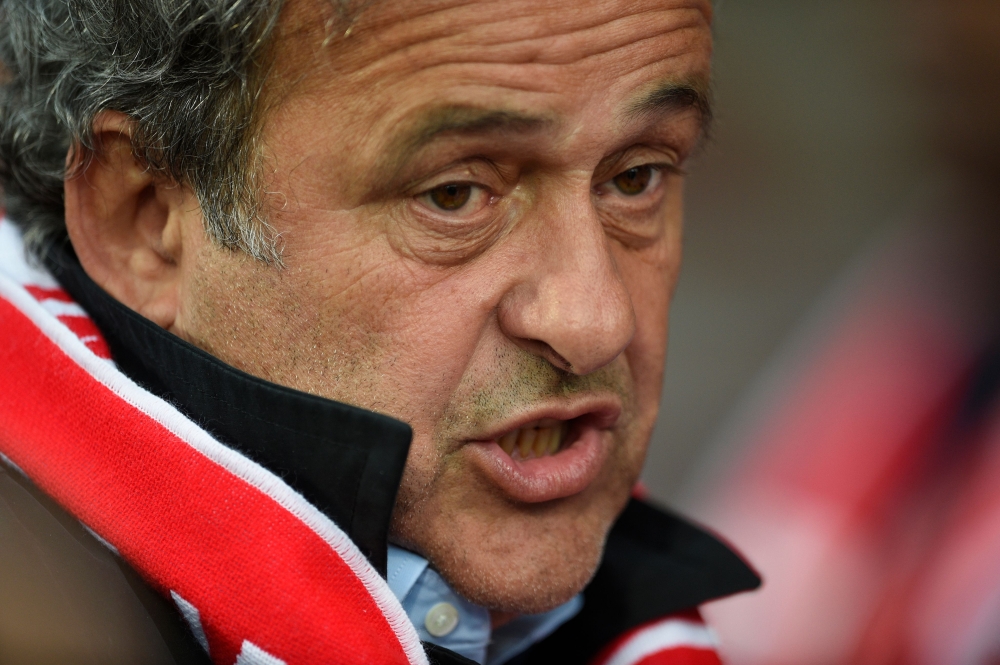 In this file photo taken on May 20, 2017 French former football player and former UEFA head Michel Platini attends the French L1 football match between Nancy (ASNL) and Saint-Etienne (ASSE) at Marcel Picot stadium in Tomblaine, eastern France. / AFP / JEA