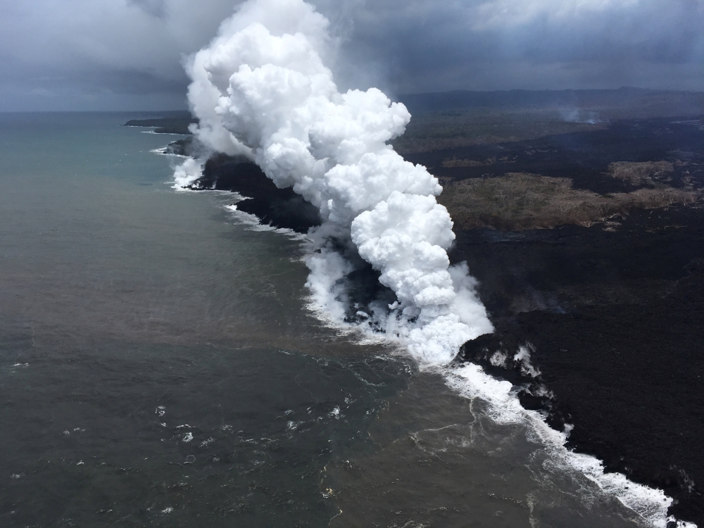 An aerial view looking west, of the two active ocean entries at Kilauea Volcano's lower East Rift Zone in Hawaii, U.S. May 26, 2018. USGS/Handout via REUTERS