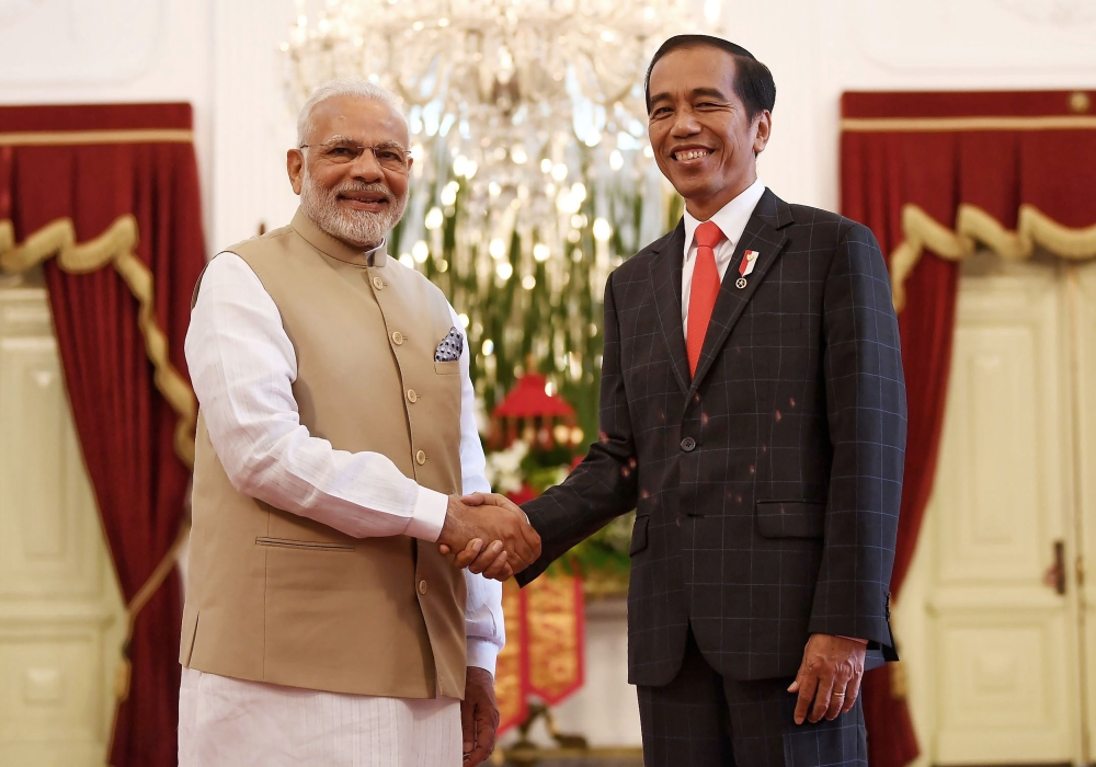 This handout photograph taken and released by India's Press Information Bureau (PIB) on May 30, 2018, shows Indian Prime Minister Narendra Modi (L) meeting with the Indonesian President Joko Widodo in Jakarta. AFP PHOTO / PIB