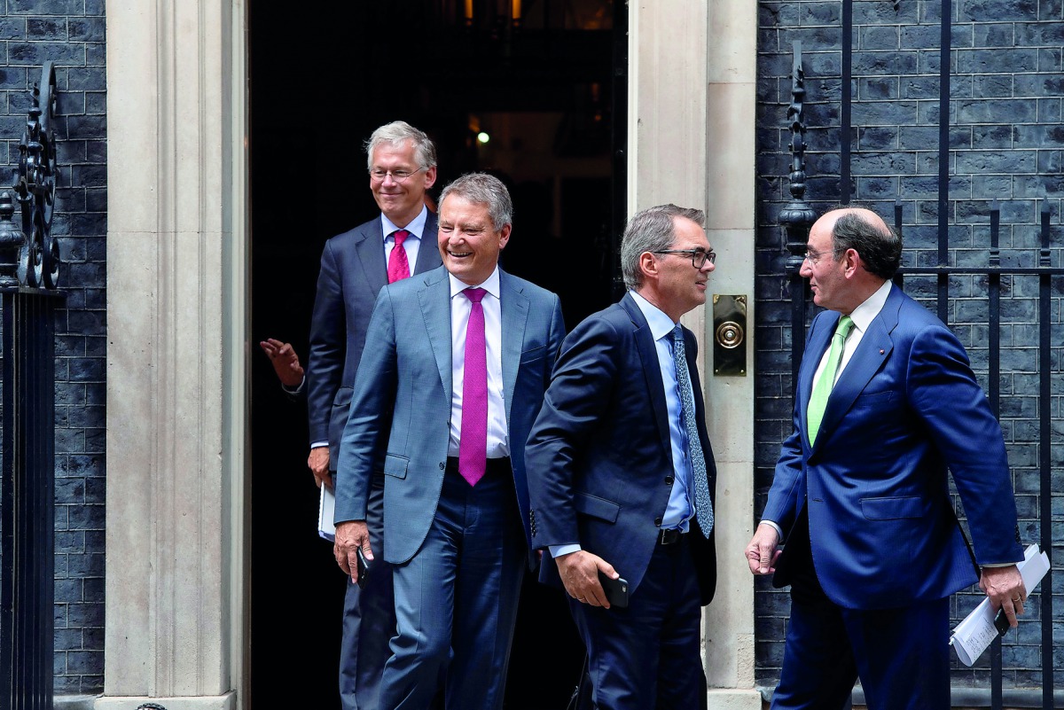 Frans van Houten, Chief Executive Officer of Philips, Carl-Henric Svanberg Chairman of BP, Svein Richard Brandtzaeg, Chief Executive Officer of Norsk Hydro, and Paul Bulcke, Chairman of Nestle SA, leave 10 Downing Street in London, Britain, May 30, 2018. 