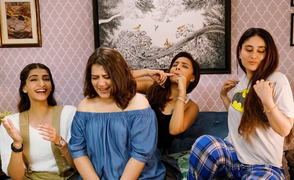 A still of the actresses Kareena Kapoor, Sonam Kapoor, Shikha Talsania (2nd Left) and Swara Bhaskar (2nd Right) from the movie Veere Di Wedding.