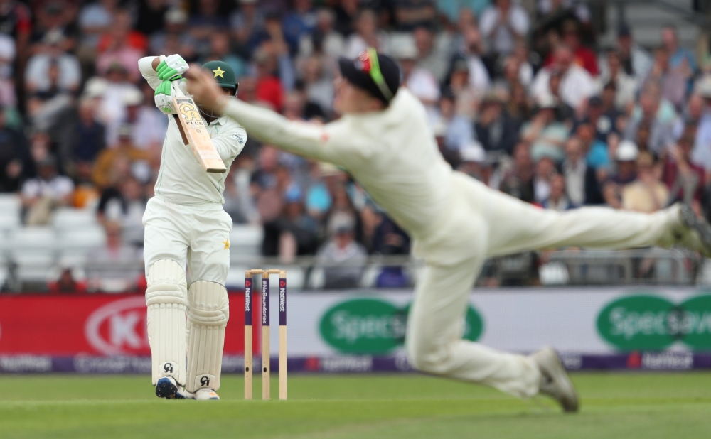 Pakistan's Haris Sohail loses his wicket after being caught out by England's Dom Bess (Action Images via Reuters/Lee Smith)
 