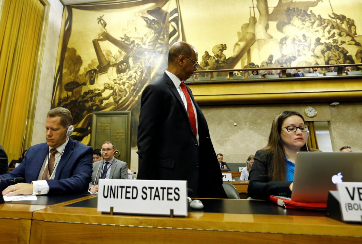 U.S. Ambassador Robert Wood walks out in protest at Syria's presidency of the Conference on Disarmament at the United Nations in Geneva in Geneva, Switzerland May 29, 2018. REUTERS/Denis Balibouse
