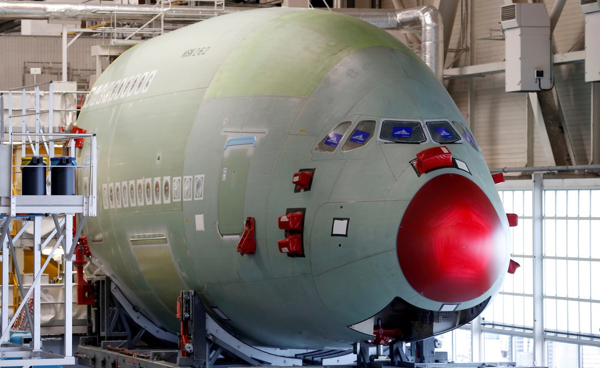 General view shows an Airbus A380 at the final assembly line at Airbus headquarters in Blagnac near Toulouse, France, March 21, 2018. Reuters/Regis Duvignau