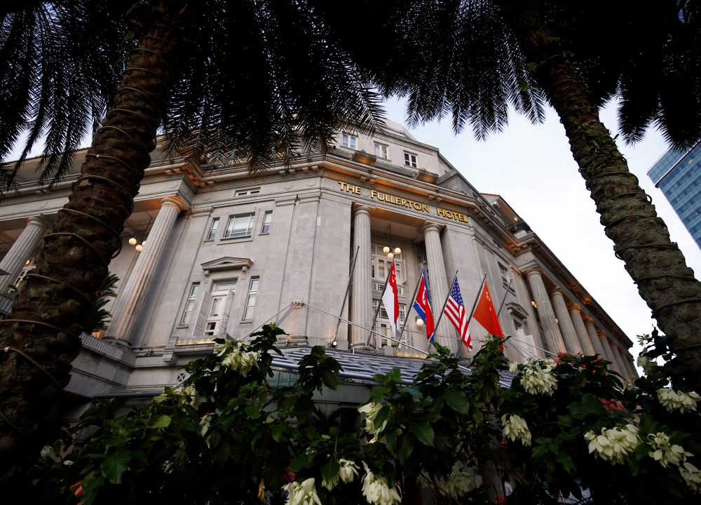 A North Korean flag is seen at the Fullerton Hotel in Singapore June 8, 2018. Reuters/Edgar Su