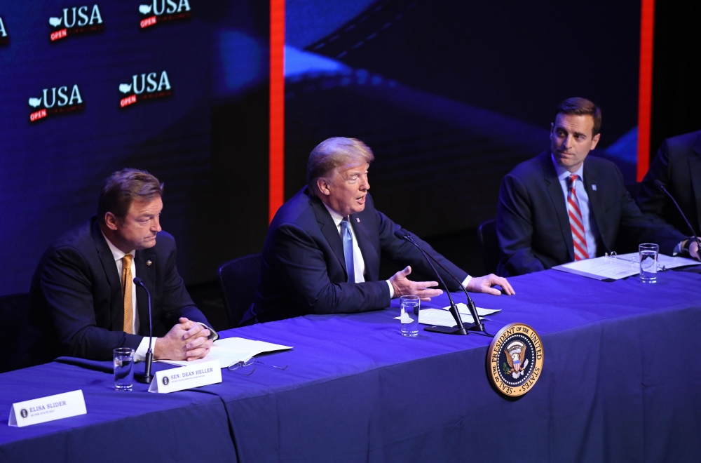 US President Donald Trump speaks during a roundtable discussion on tax reform at the South Point Hotel Casino and Spa in Las Vegas, Nevada, on June 23, 2018. / AFP / Olivier Douliery
 