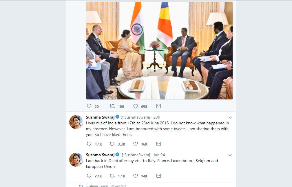 Screen shot of External Affairs Minister Sushma Swaraj twitter account. 