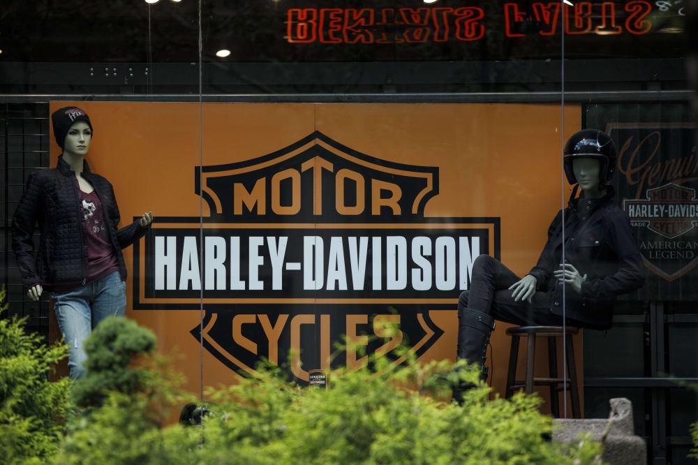 The Harley Davidson logo is displayed in a window of Harley-Davidson of New York City store, June 25, 2018 in New York City.   Drew Angerer/AFP