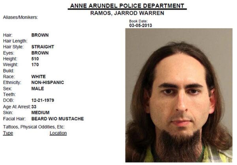 
Jarrod Ramos, suspected of killing five people at the offices of the Capital Gazette newspaper office in Annapolis, Maryland, U.S., June 28, 2018 is seen in this 2013 Anne Arundel Police Department booking photo obtained from social media.  (via Reuters