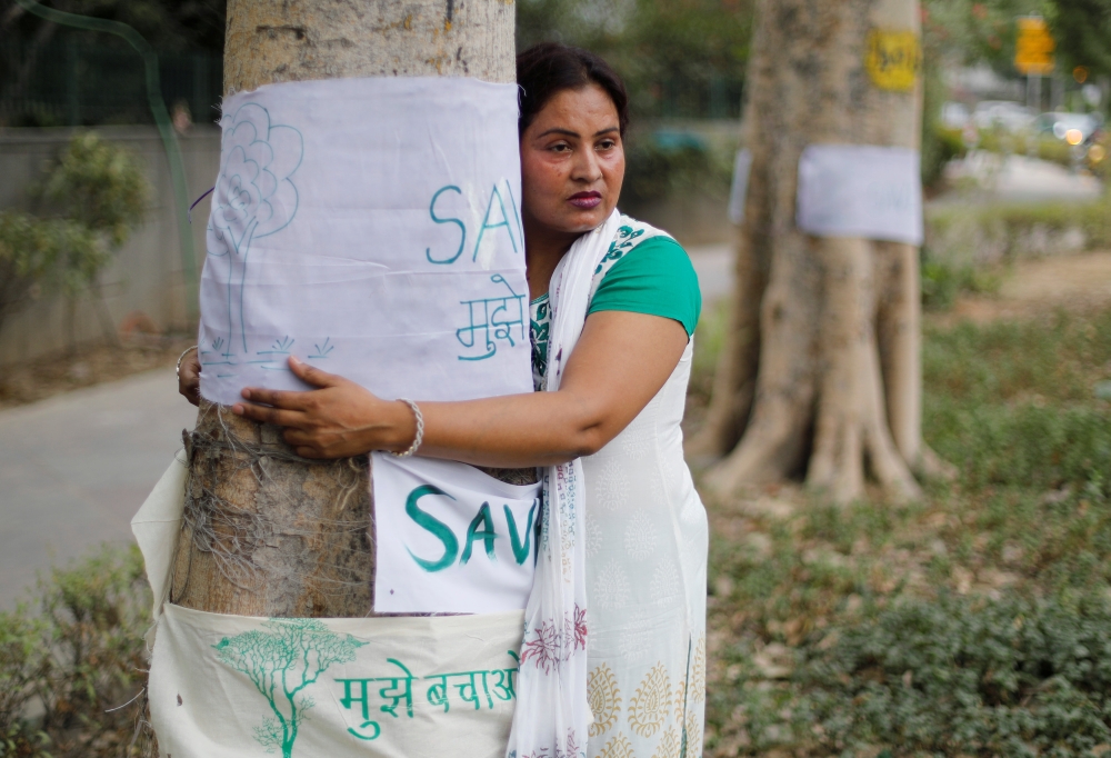 A woman hugs a tree during 