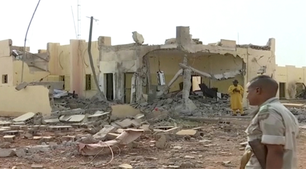 A still image taken from a video shot on June 29, 2018, shows the damage inside African military taskforce, G5 sahel headquarters, in the town of Sevare, Mali. Le Sahelien/Handout via Reuters TV