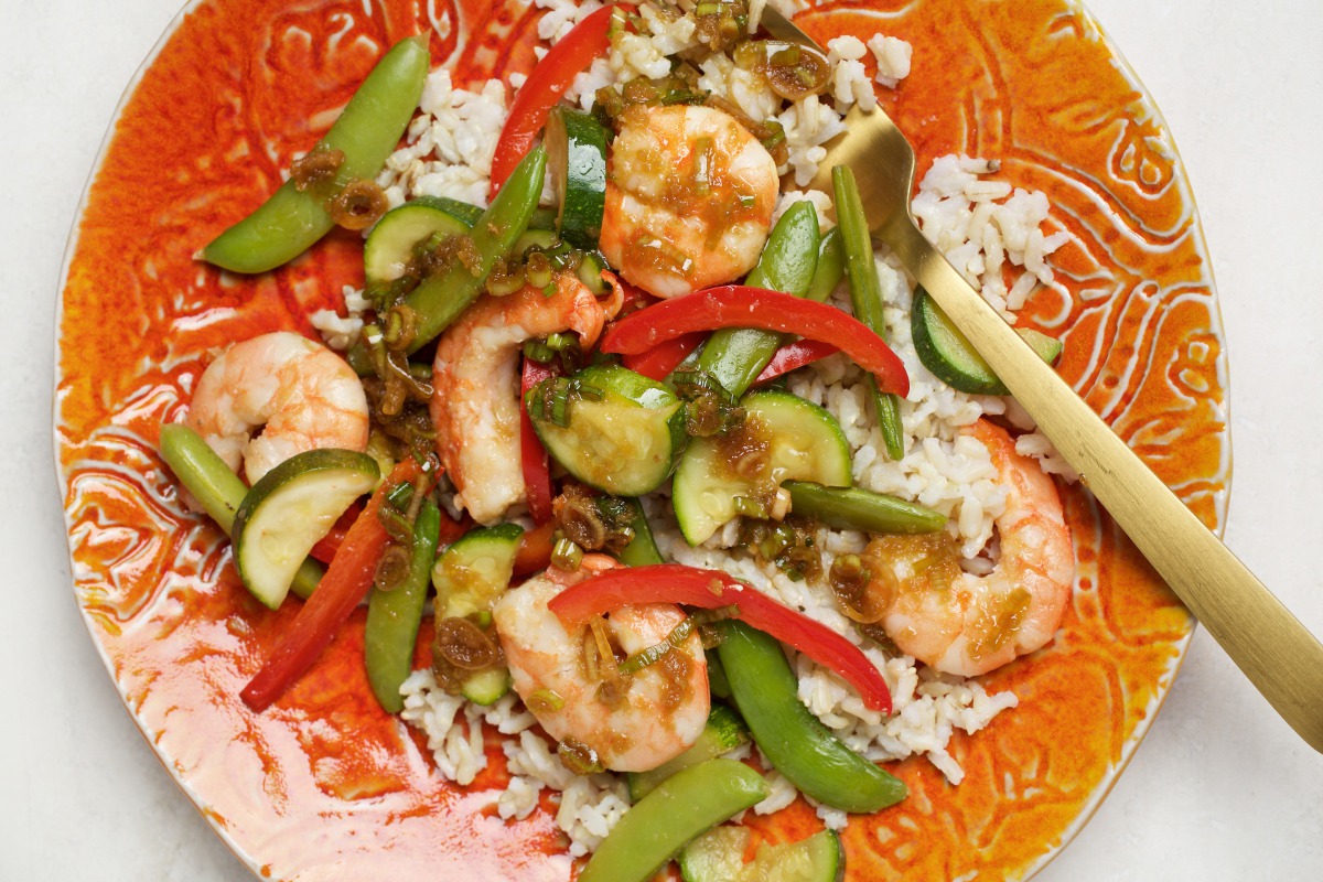 Steamed Shrimp and Summer Vegetables With Ginger-Soy Drizzle. (Photo by Deb Lindsey for The Washington Post)