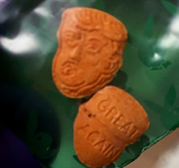 This unlocated handout picture released by the Indiana State Police on June 29, 2018, shows Donald Trump-shaped esctasy pills stamped with the logo 