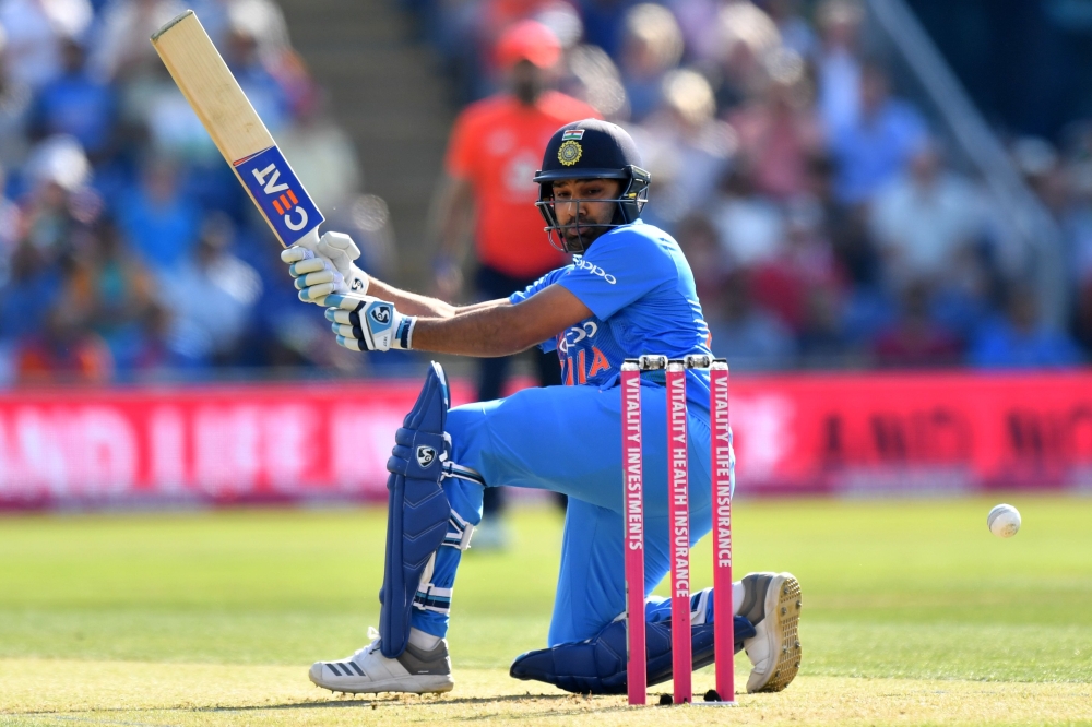India's Rohit Sharma plays a shot during the international Twenty20 cricket match between England and India at Sophia Gardens in Cardiff, south Wales, on July 6, 2018. (AFP / Anthony DEVLIN)