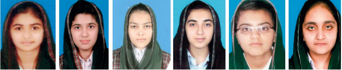 From Left: Sumaiya Rizwan - 1,036 marks (1st Science Group), Eiman Amir Latif - 1,033 marks (2nd Science Group), Najwa Siraj - 1,026 marks (3rd Science Group), Muskan Noor - 872 marks (1st Hum. Group), Salwa Mir- 847 marks (2nd Hum. Group), Hamna - 812 ma