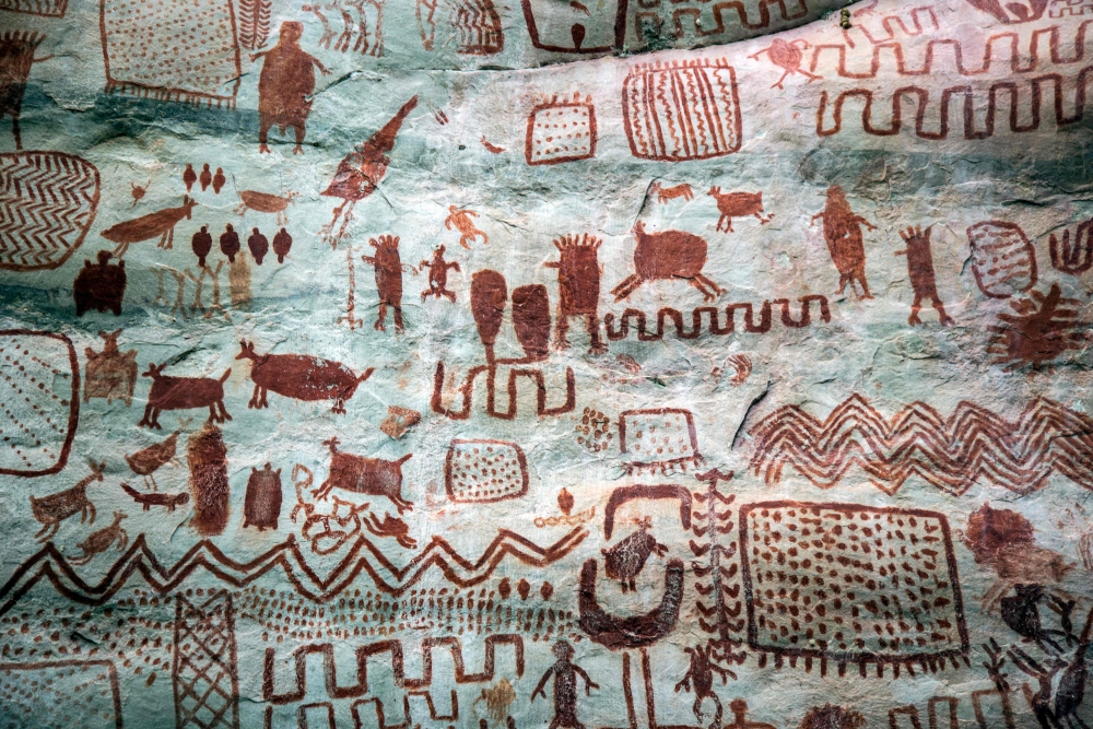 Detail of cave art at the Cerro Azul, in Serrania La Lindosa -which had been declared Protected Archaeological Site of Colombia last May-in the Amazonian jungle department of Guaviare, Colombia, on July 2, 2018.  / AFP / Diana Sanchez