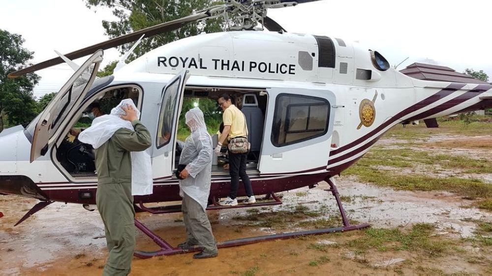Rescue personnel prepares the transport for the evacuation of the boys and their soccer coach trapped in a flooded cave, in the northern province of Chiang Rai, Thailand, July 10, 2018, in this photo obtained from social media. Facebook/Police Thailand Ne