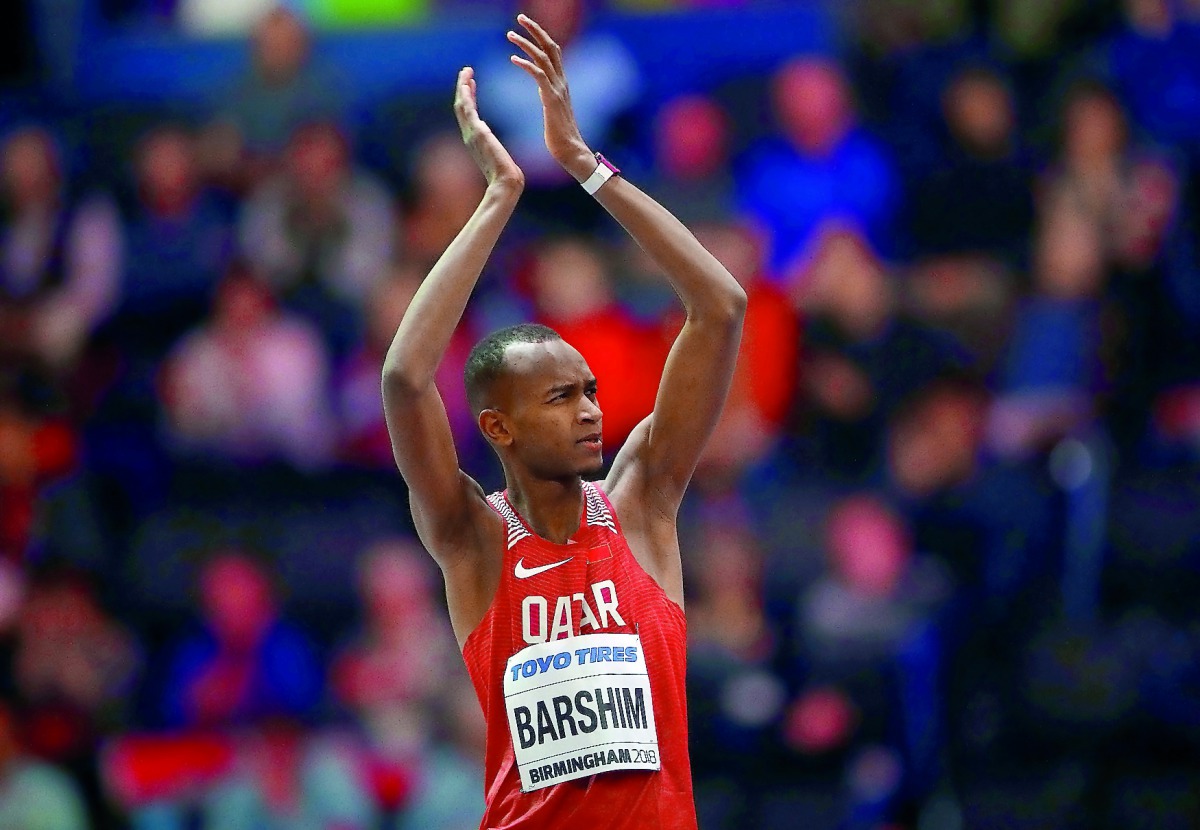 Qatar’s Mutaz Essa Barshim reacts during the high jump competition in this March 1, 2018 file photo taken in Arena Birmingham, Birmingham, Britain. Barshim is out of the season after injuring his ankle last week.  