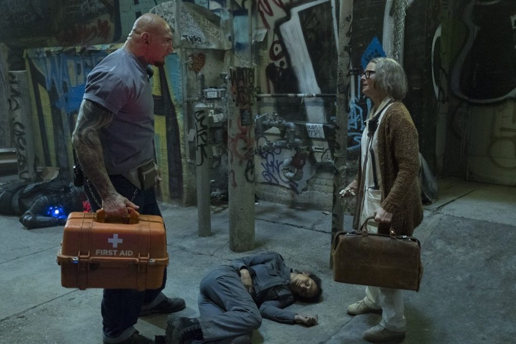 Still of the actors Jodie Foster and Dave Bautista (L) taken from the movie Hotel Artemis.