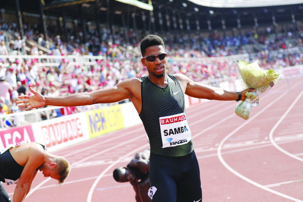 Qatar’s Abderrahman Samba celebrates after winning the men’s 400 hurdles in the Diamond League meet at Charlety Stadium, Paris, France in this June 30 file photo.