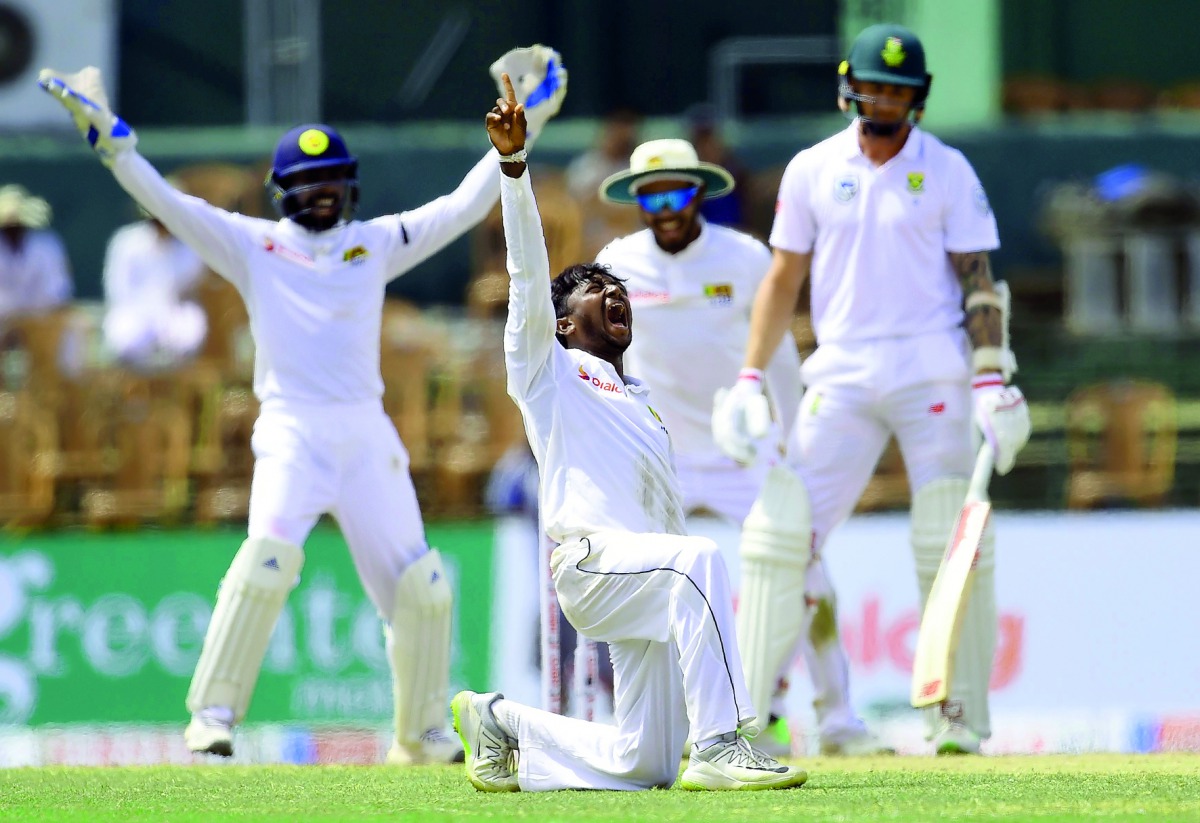 Sri Lankan cricketer Akila Dananjaya (2L) celebrates after he dismissed South African cricketer Dale Steyn (R) looks on during the second day of the second Test match between Sri Lanka and South Africa at the Sinhalese Sports Club (SSC) international cric