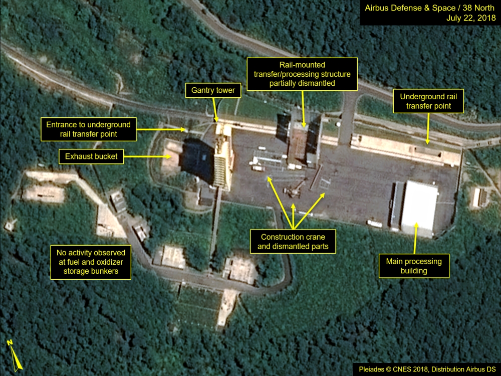 Satellite image courtesy Airbus Defense and Space and 38 North obtained July 23, 2018 shows the apparent dismantling of facilities at the Sohae satellite launching station, North Korea. (AFP PHOTO / Pléiades © Cnes 2018, Distribution Airbus DS)
