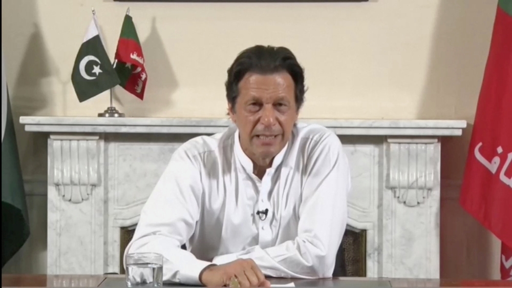 Cricket star-turned-politician Imran Khan, chairman of Pakistan Tehreek-e-Insaf (PTI), gives a speech as he declares victory in the general election in Islamabad, Pakistan, in this still image from a July 26, 2018 handout video by PTI. (PTI handout/via RE