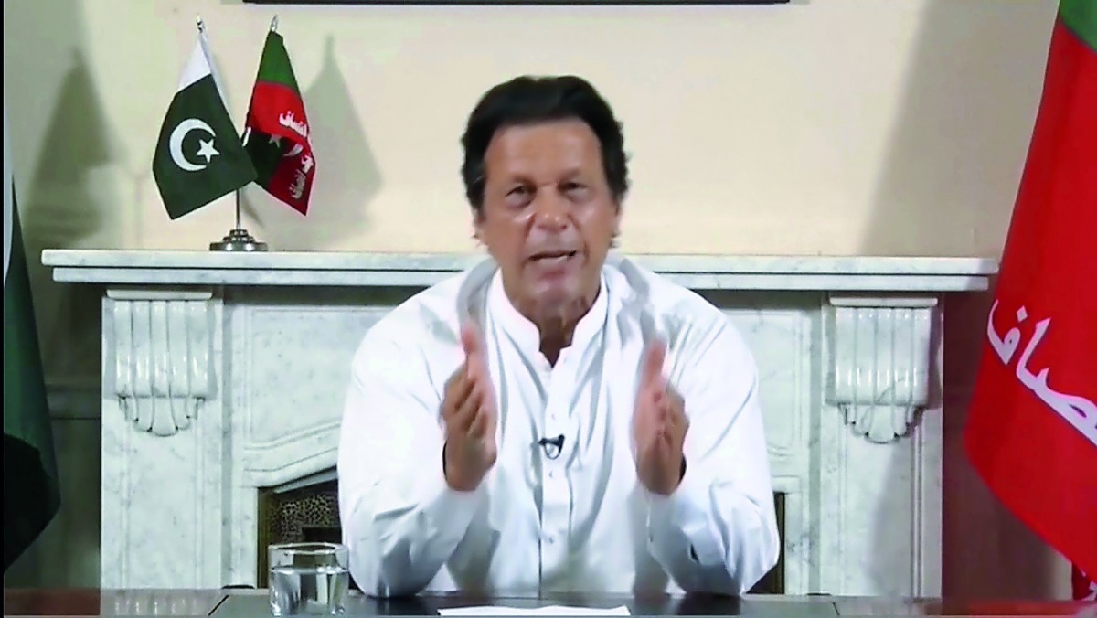 Imran Khan, chairman of Pakistan Tehreek-e-Insaf (PTI), gives a speech as he declares victory in the general election in Islamabad, Pakistan, in this still image from a July 26, 2018 handout video by PTI.