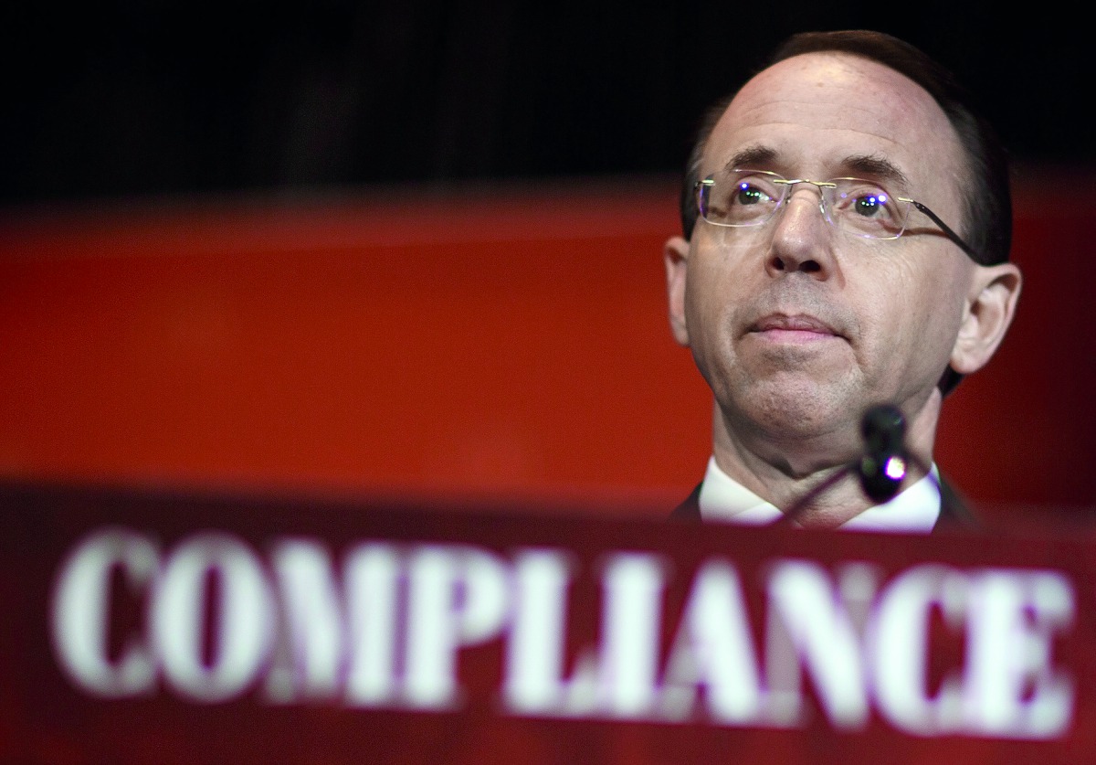Deputy Attorney General Rod Rosenstein speaks at the Compliance Week 13th Annual Conference in Washington, May 21, 2018. Reuters/Joshua Roberts