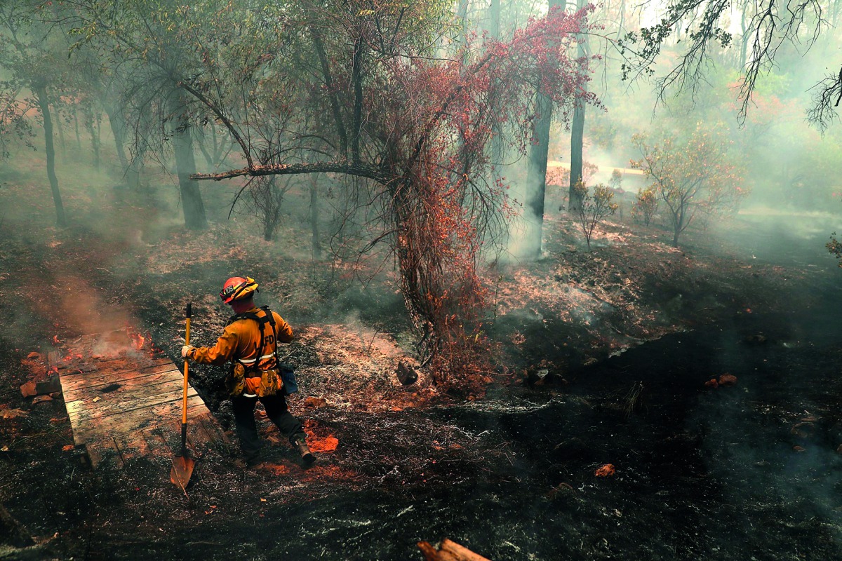 A Los Angeles city firefighter walks through a charred field as he looks for hot spots after the Carr Fire burned through the area on July 29, 2018 in Redding, California.  Justin Sullivan/Getty Images/AFP