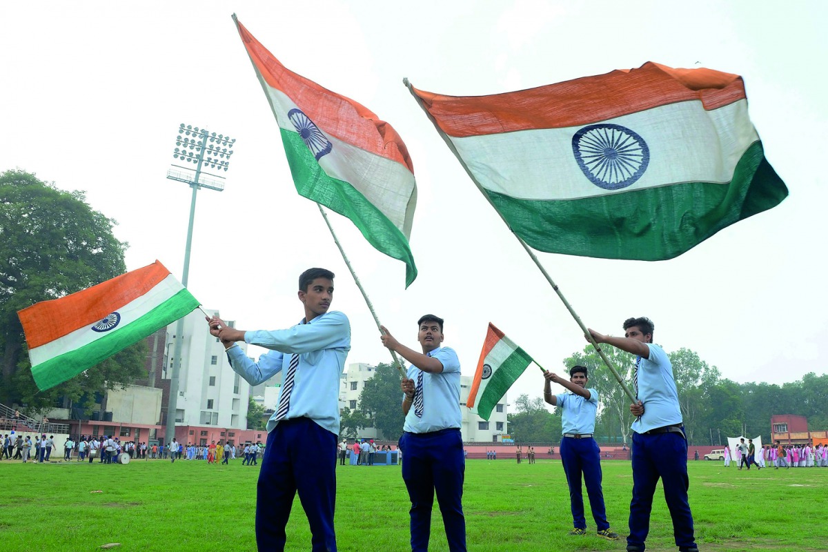 Indian school children rehearse during preparations ahead of Indian Independence Day celebrations in Amritsar on August 10, 2018.  AFP / Narinder Nanu
